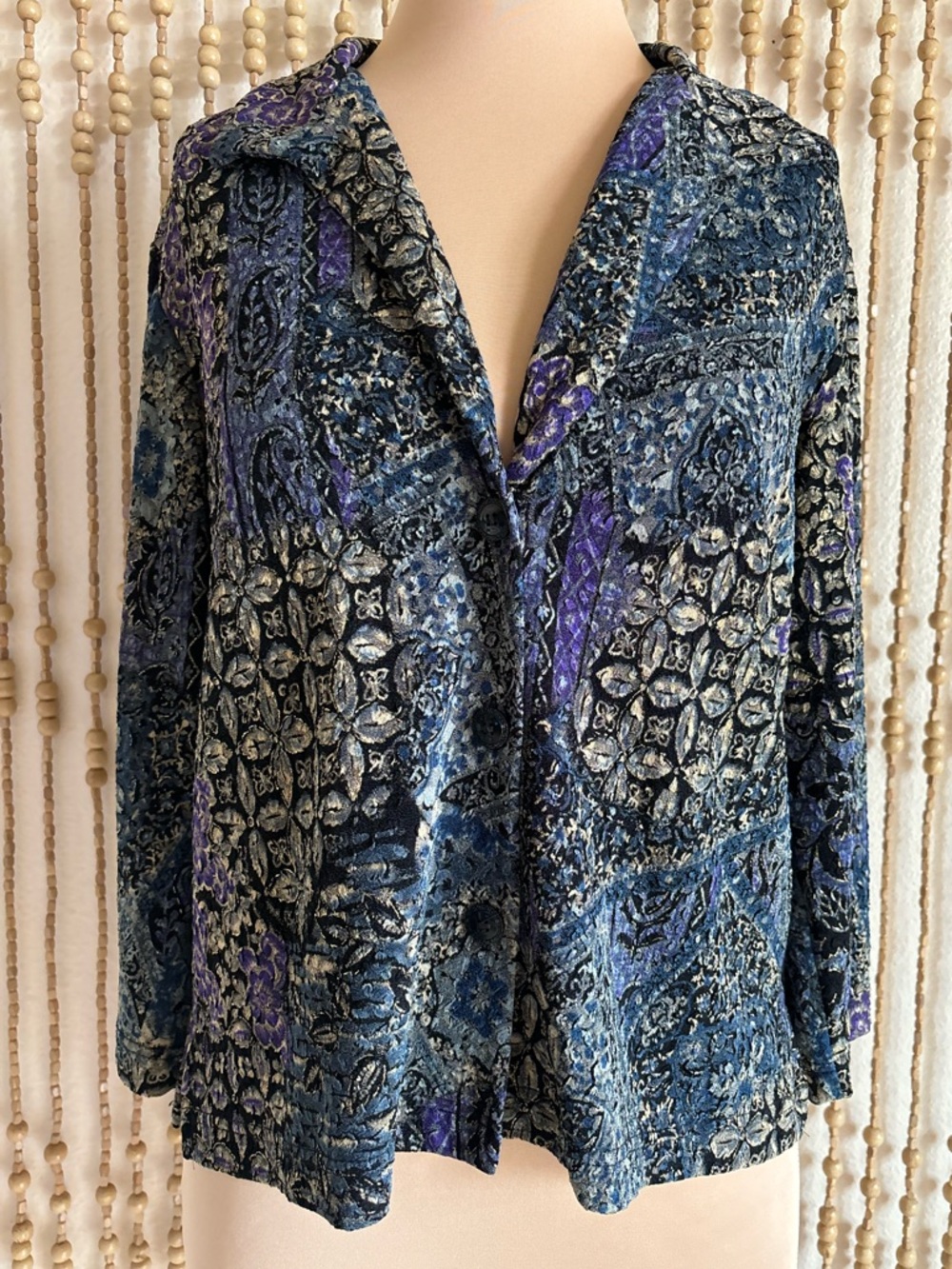 Vintage Floral Paisley Boho Fairy Grunge Blue Purple Gold Button Collared V Neck